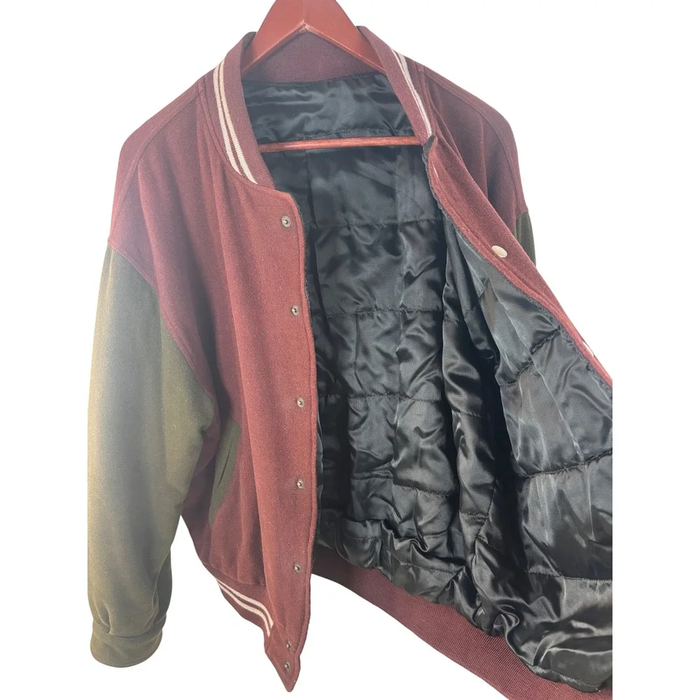 Vintage Style Wool Varsity Jacket New York Giants Patch Burgundy Snap Bomber - Picture 9 of 12